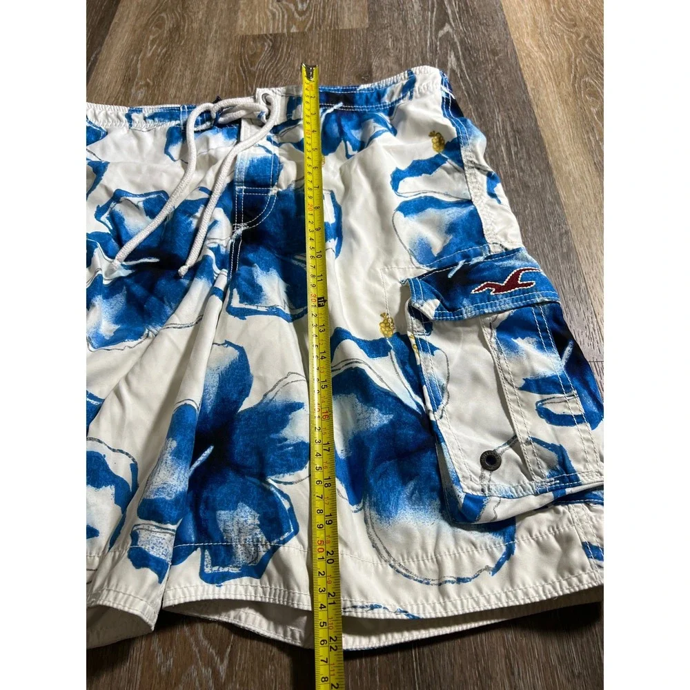 Hollister Mens Blue‎ White Hibiscus Floral Cargo Board Shorts Swim Trunks Size L